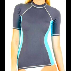 Women's Gray and Blue Rash Guard Top